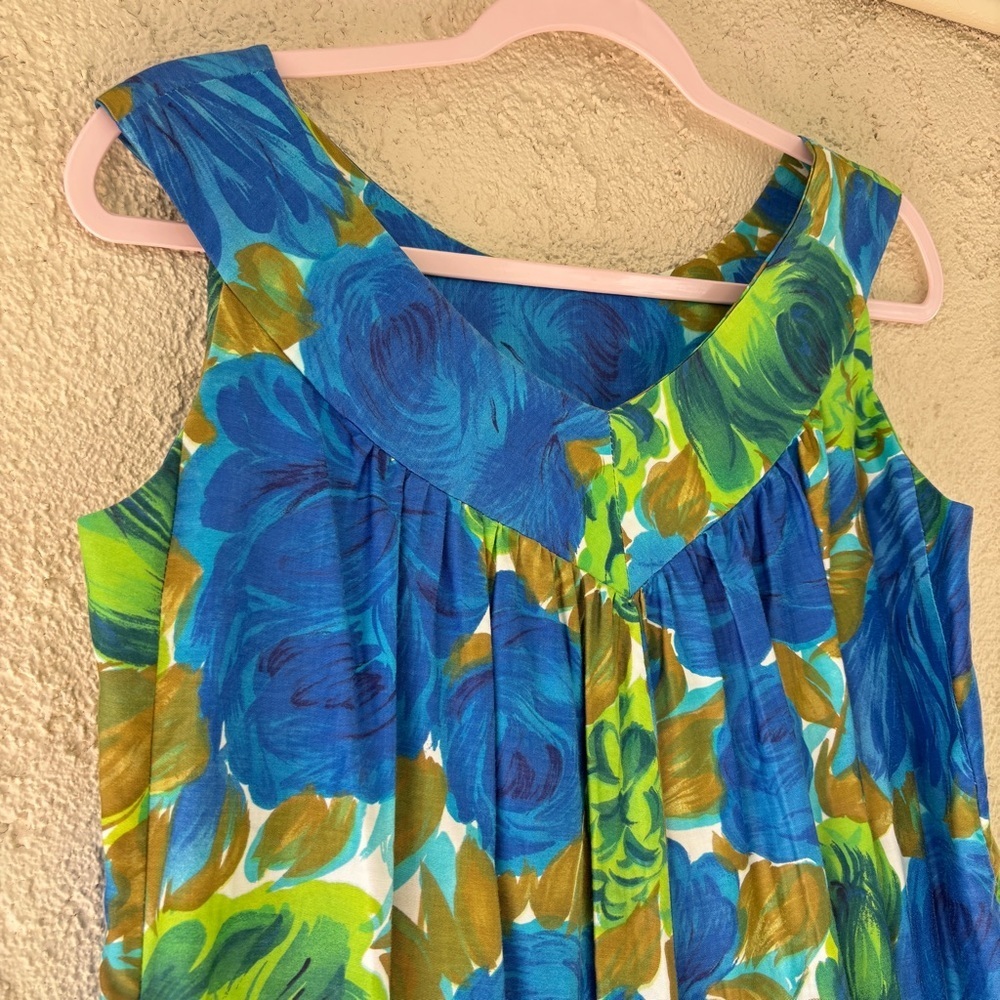 Vintage Basila 60s Vibrant Floral Blue and Green Sleeveless Caftan Hostess Dress - Picture 4 of 13